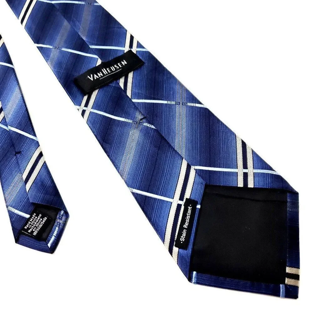 Van Heusen Blue Silk Tie Woven Gingham Plaid Stain Resistant‎